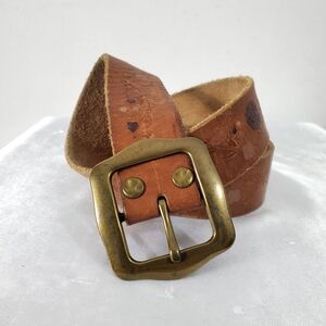 Vintage Tooled Leather Brass Buckle & Tip Floral Belt Brown Size M